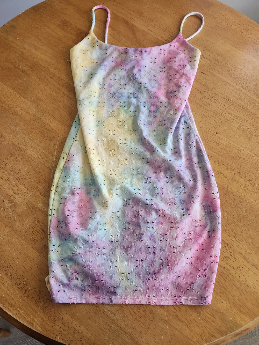 Tie-Dye Eyelet Spaghetti Strap Mini Dress
